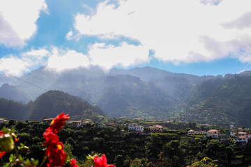 Grandes montañas de rocas y arboles verdes con un cielo azul y nubes blancas 