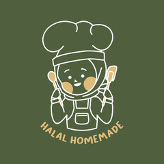 chef with menu. Halal homemade doodle logo template. cute doodle chef hand drawn with muslim hijab and apron with hat. logo for Islamic online shop, bakery, cooking and other