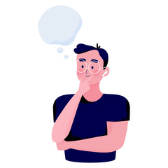 young man thinking. Concept illustration of a young man pose by placing a finger on the chin and smiles thinking about something with text space