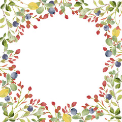 Watercolor wreath. Hand painted autumn branches and blueberries, birch leaves.