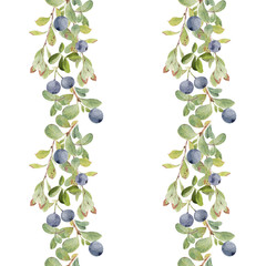 Watercolor seamless pattern. Hand painted autumn branches and blueberries.