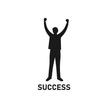 Young man standing and raising hands or arms silhouette. Successful smiling guy. Businessman concept. Career goal logo icon. Victory sign or symbol. Winner pose - Simple vector illustration.