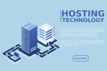 Transfer of user data to the server. Data hosting. Data flow. Data storage. Server. Digital space. Data center. Big Data. Technology. Conceptual illustration. Isometric vector illustration. 3D