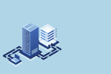 Transfer of user data to the server. Data hosting. Data flow. Data storage. Server. Digital space. Data center. Big Data. Technology. Conceptual illustration. Isometric vector illustration. 3D