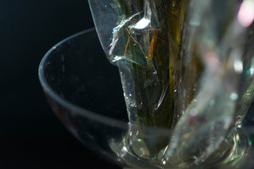Dead flower in a vase decaying plastic wrap rainbow colors dark background closeup. Glass...