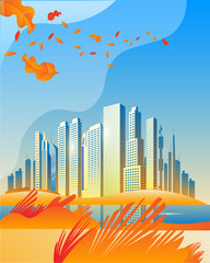 Modern skyscrapers on the river Bank. Vertical vector illustration on the theme of autumn in the city. Vertical poster.