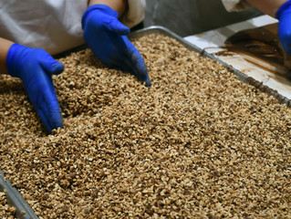 Closeup shot of a pastry chef mixing a tray full of nuts