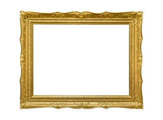 Wooden golden colored picture frame on white background