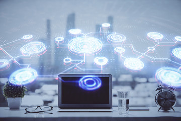 Computer on desktop with social network hologram. Double exposure. Concept of international people connections.