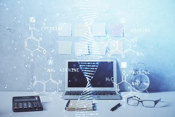 Desktop computer background and DNA drawing. Double exposure. Science concept.