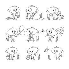 funny boys playing, doodles characters set