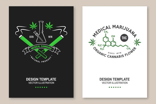 Medical cannabis poster, flyer, template with cannabis leaf, glass bong Vector. Typography logo design with cannabis leaf, glass bong silhouette For weed shop, cannabis, marijuana delivery service