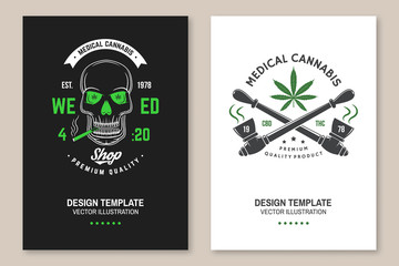Medical cannabis shop poster, flyer, template with skeleton skull. Vector Vintage typography logo design with cannabis, skeleton skull silhouette For weed shop, cannabis, marijuana delivery service