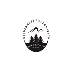 Mountain camp circle logo vector illustration with mountain and pine trees silhouette isolated on white background fit for outdoor adventure business logo