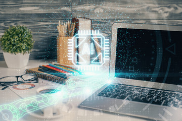 Multi exposure of desktop with computer on background and tech theme drawing. Concept of big data.