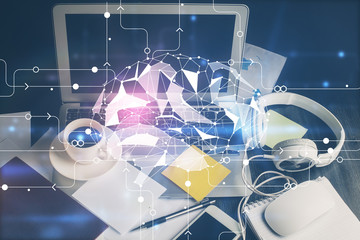 Double exposure of desktop computer and human brain drawing hologram. Ai concept.
