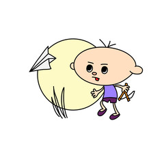 little boy with slingshot and paper airplane