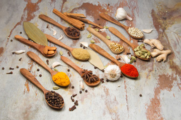 Aromatic spices on wooden spoons. Food ingradients.


