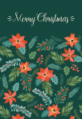 Fototapeta na wymiar Christmas and Happy New Year illustration with Christmas tree and flowers.