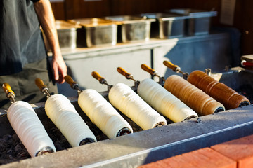 Hungarian traditional street food baking pastry kurtosh kalach or trdelnik