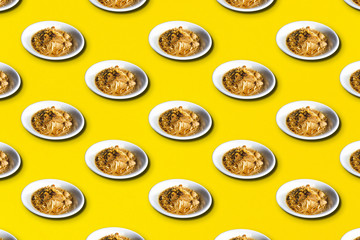 Delicious beef noodle with fish balls pattern background.