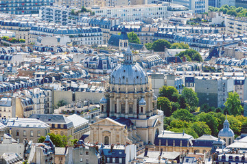 Fototapeta na wymiar Aerial view of Val-de-Grace church and army hospital in Paris, France. Day shot from Tour Montparnasse observation desk.