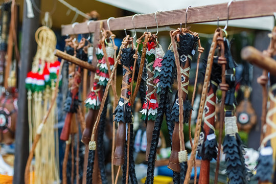 Traditional Hungarian leather whips at the farmers Budapest street market for sale