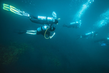 Group of scuba divers swimming in clear blue water