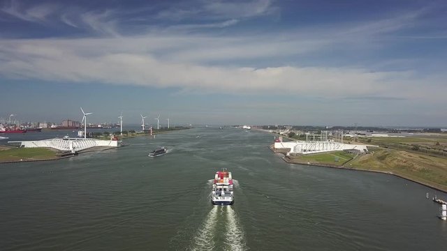 Deltaworks Maaslandkering Maesland barrier near Rotterdam in the Netherlands, Aerial