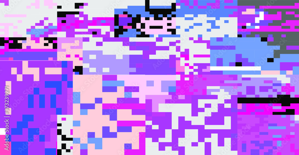 Poster Abstract pixelated background with flickers and datamoshing effect. Vaporwave and cyberpunk style aesthetics.