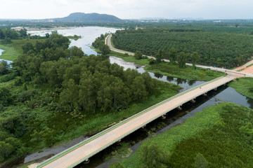 Fototapeta na wymiar Aerial view drone shot of road between green field summer forest and river and lake in suratthani Thailand.