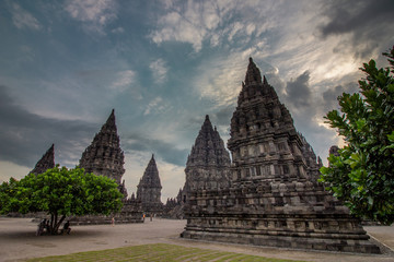 Sunset in Prambanan Temple near Yogyakarta. UNESCO world heritage in Indonesia