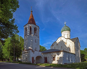 Fototapeta na wymiar St Theodore church and bell tower. City of Novgorod, Russia. Years of construction 1360 - 1361