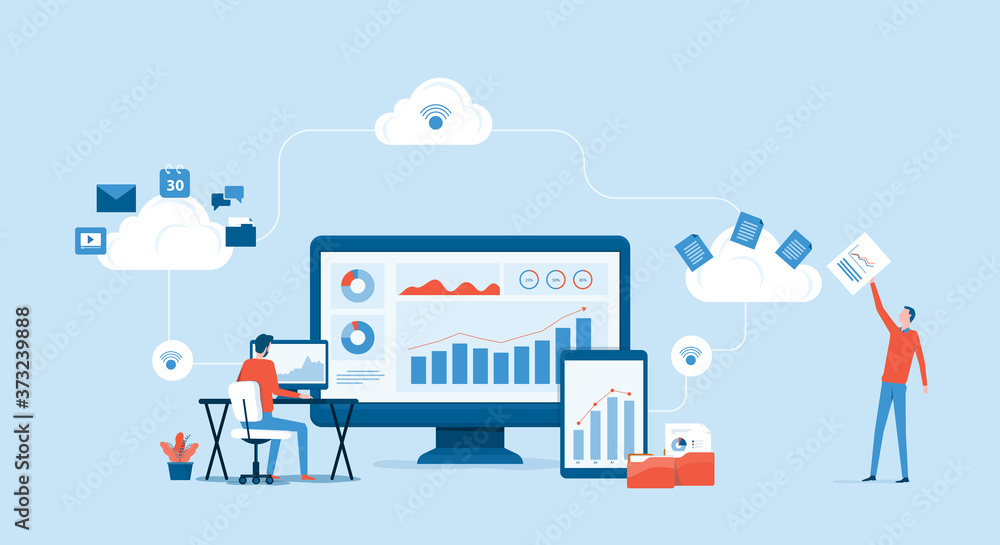 Leinwandbilder flat vector business technology cloud computing service concept and with developer team working concept