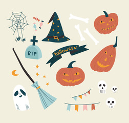 Vector illustration of Halloween set with pumpkin, broom, skull, grave, bones, spider, witch hat, ghost and candy. 