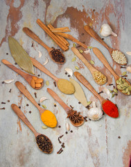Aromatic spices on wooden spoons. Food ingradients.


