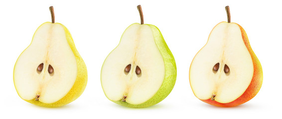 Isolated half of pear fruit. Yellow, green and red pear halves in a row isolated on white background