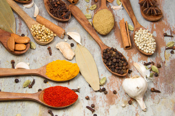 Aromatic spices on wooden spoons. Food ingradients.


