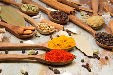 Aromatic spices on wooden spoons. Food ingradients.


