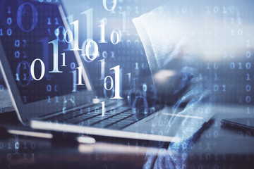 Double exposure of desktop computer and technology theme hologram. Concept of software development.