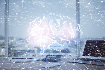 Multi exposure of work space with computer and human brain hologram. Brainstorm concept.