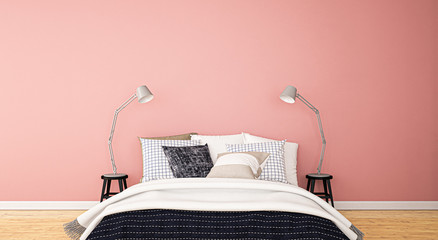 Doppelbett mit Kissen und Lampen vor rosa Wand - obrazy, fototapety, plakaty