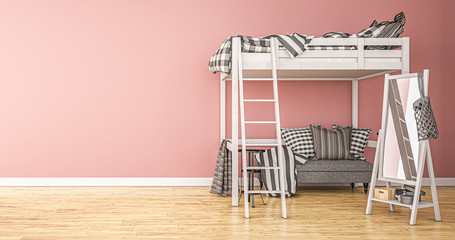 Doppelstockbett aus Holz in weißer Farbe vor rosa Wand
