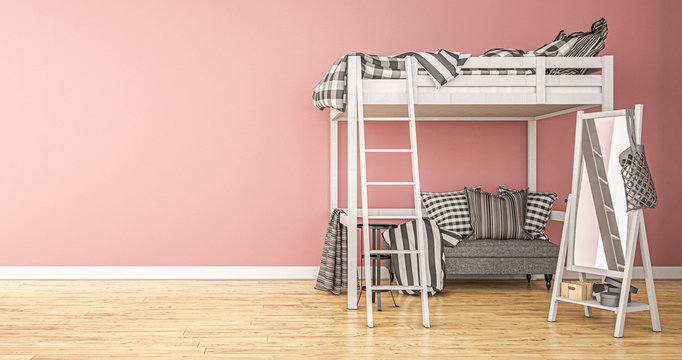 Doppelstockbett aus Holz in wei&szlig;er Farbe vor rosa Wand