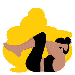 Woman beginning Yoga in Knees to chest Pose.  Lady with hair tie home workout body positive. Cartoon Vector isolate on Yellow background. Idea concept for healthy,Zen, Logo,Fitness healthy lifestyle