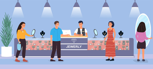 Diverse group of customers looking at jewellery on sale in a store with assistant behind the counter, colored vector illustration