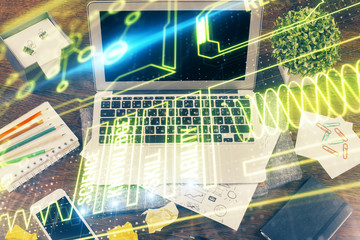 Desktop computer background and education theme drawing. Double exposure. Study concept.