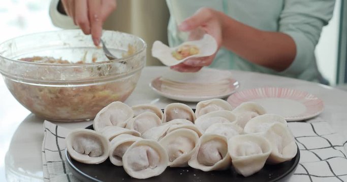 Woman making meat dumpling at home