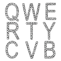 Letters of the English alphabet Q W E R T Y C V B. Black and white contour vector image