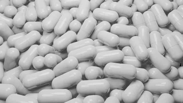 Close up of many white pills capsules. Medicine and pharmacy concept.,3D Animation.